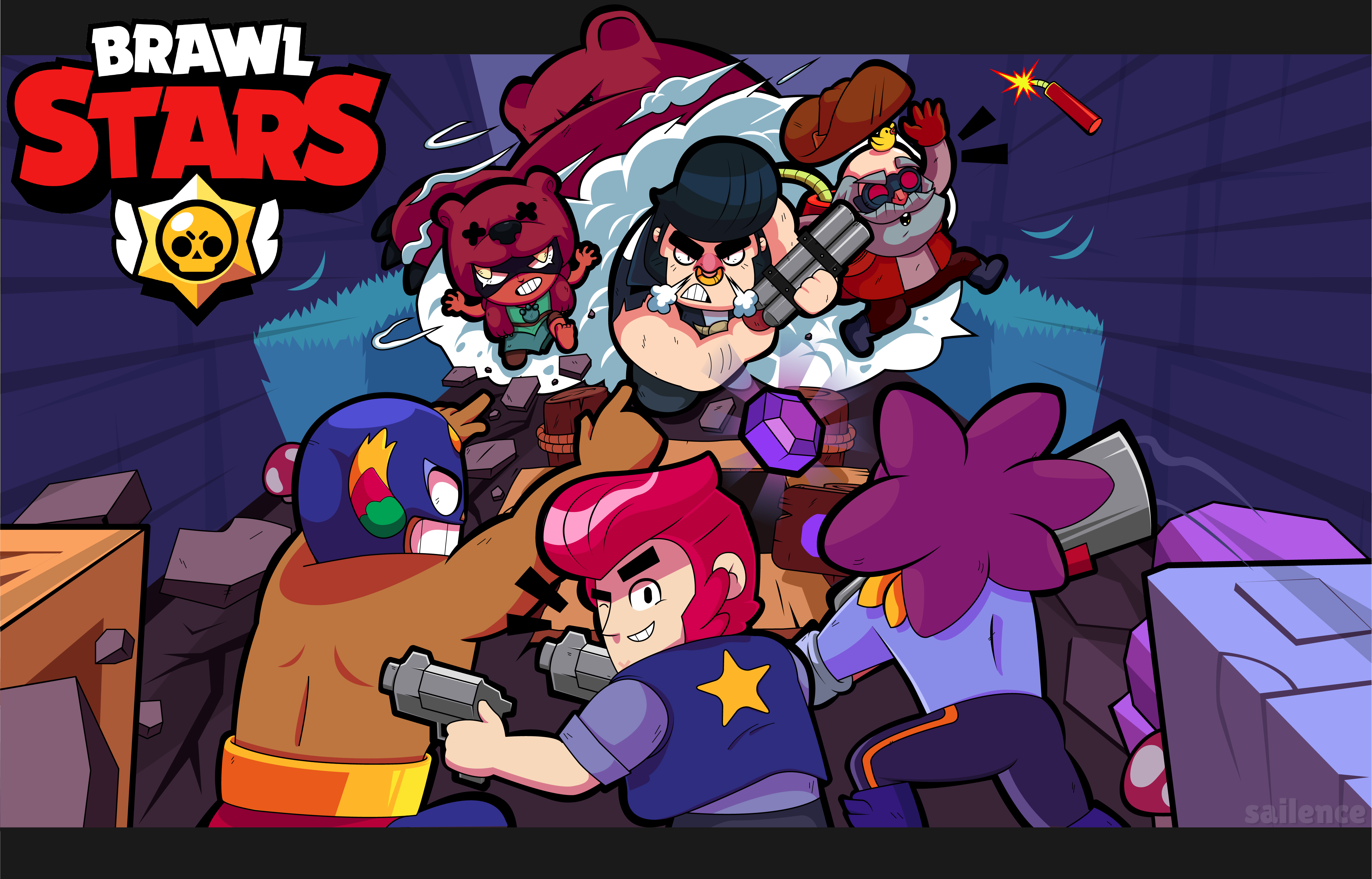 Dynamic Brawl Stars wallpaper featuring a chaotic battle scene with multiple brawlers