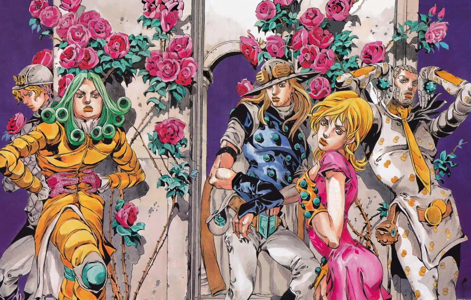 Group of characters from JoJo's Bizarre Adventure, including Gyro Zeppeli, posing amidst pink roses