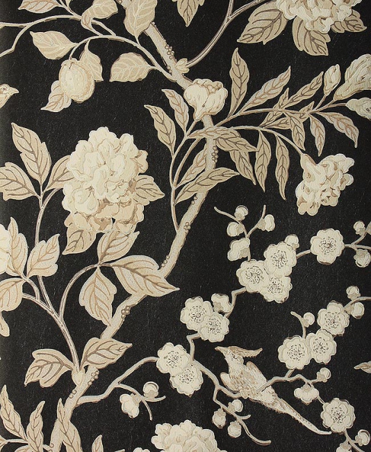 Wallpaper Climbing Floral In Beige And Cream With Birds On A Black