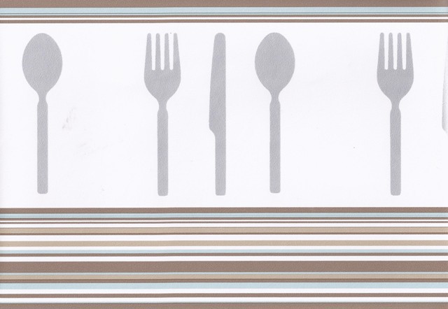 Brown Teal White Modern Cutlery Wallpaper Border Kitchen