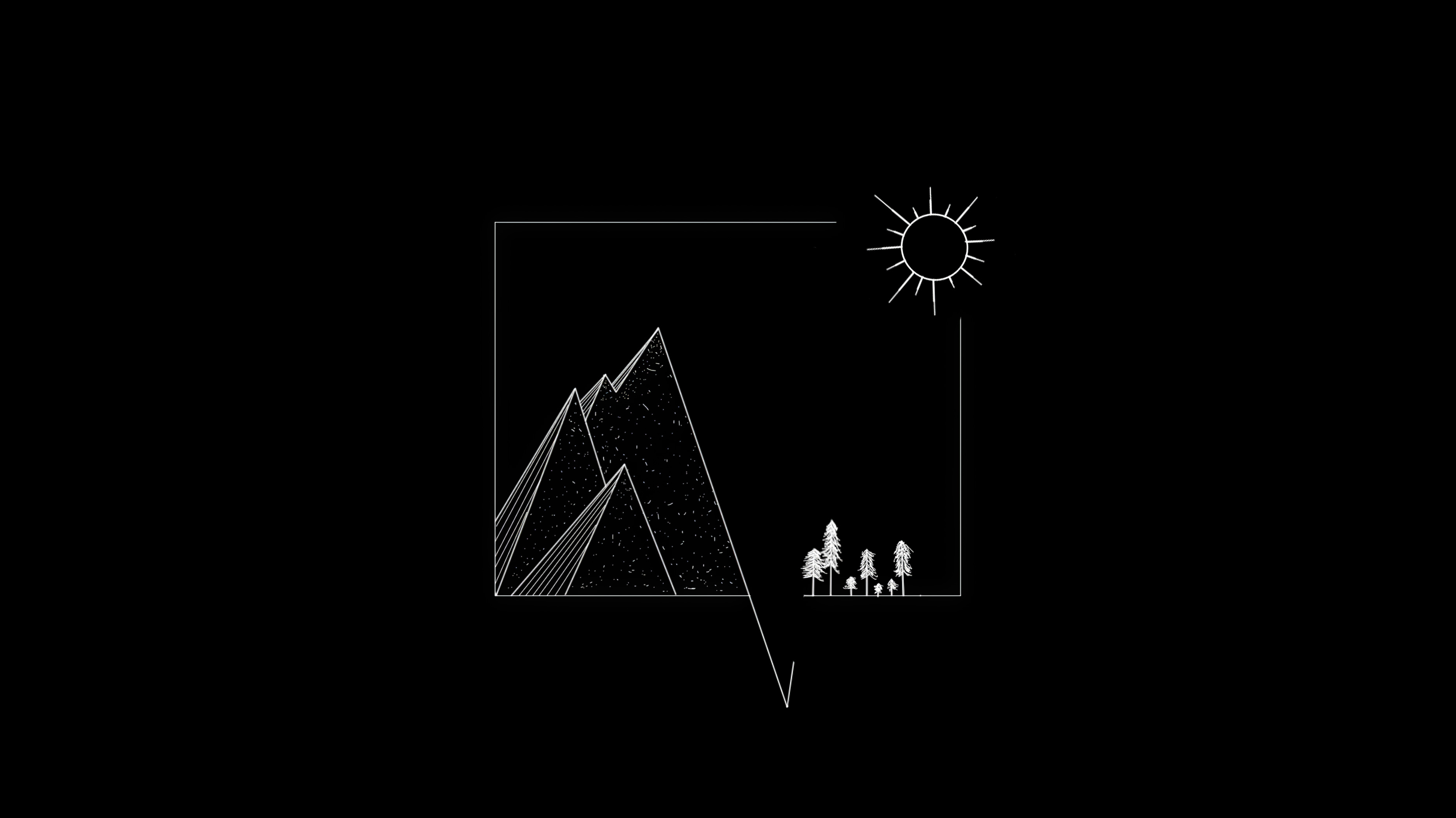 Minimalist 4k wallpaper featuring a geometric mountain range, a stylized sun, and a small cluster of trees, all rendered in white lines on a black background