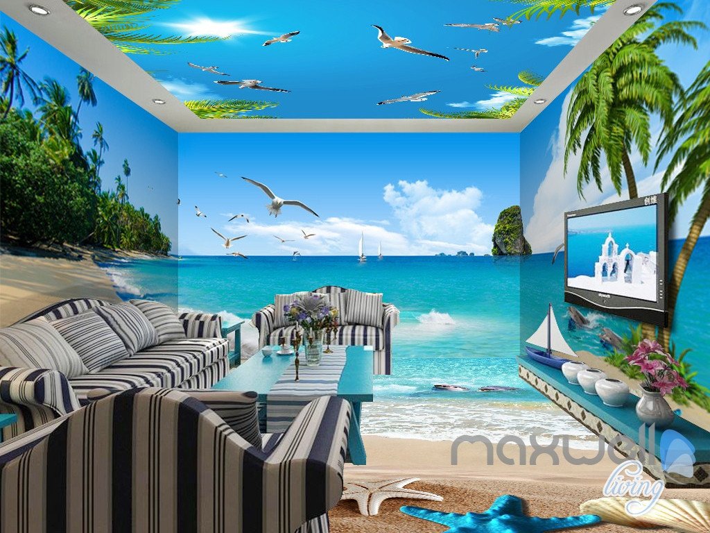 3d Beach Starfish Sea Bird Palm Entire Living Room Wallpaper Wall