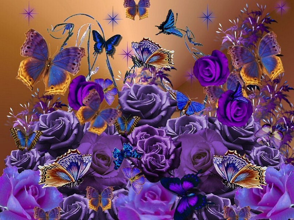 Yorkshire Image Purple Roses And Butterflies For Berni Wallpaper