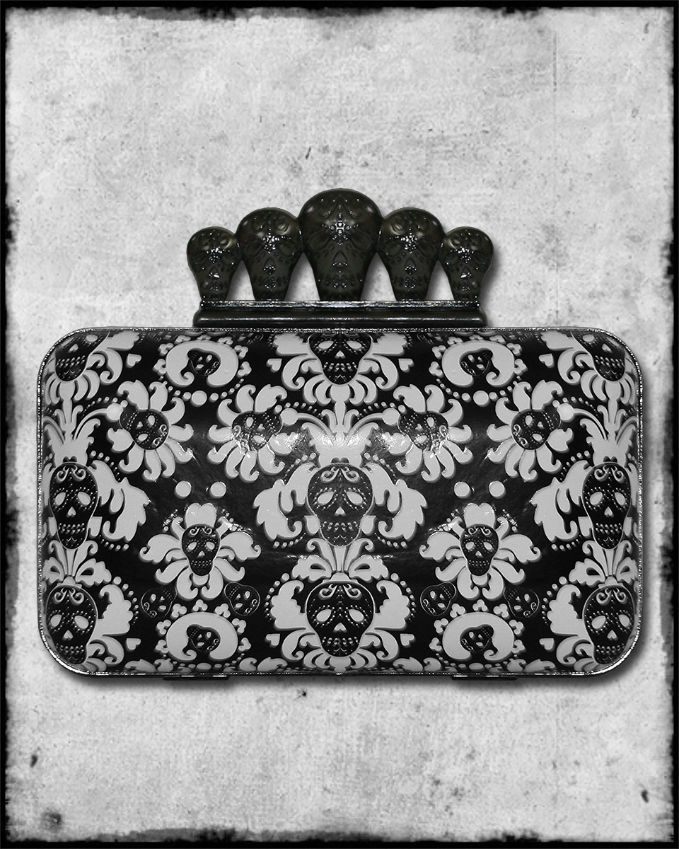 Too Fast Black Sugar Skull Damask Wallpaper Suicidal Mini Clutch Bag