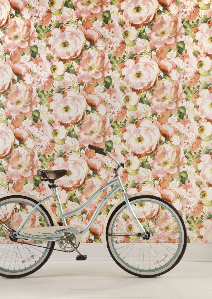 Carey Lind York Watercolor Poppy Floral Wallpaper Bicycle