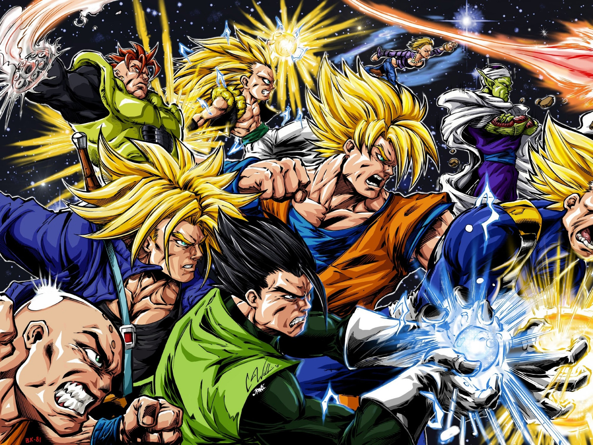 Dynamic Dragon Ball Z Illustration Featuring Goku, Super Saiyans, and Other Characters