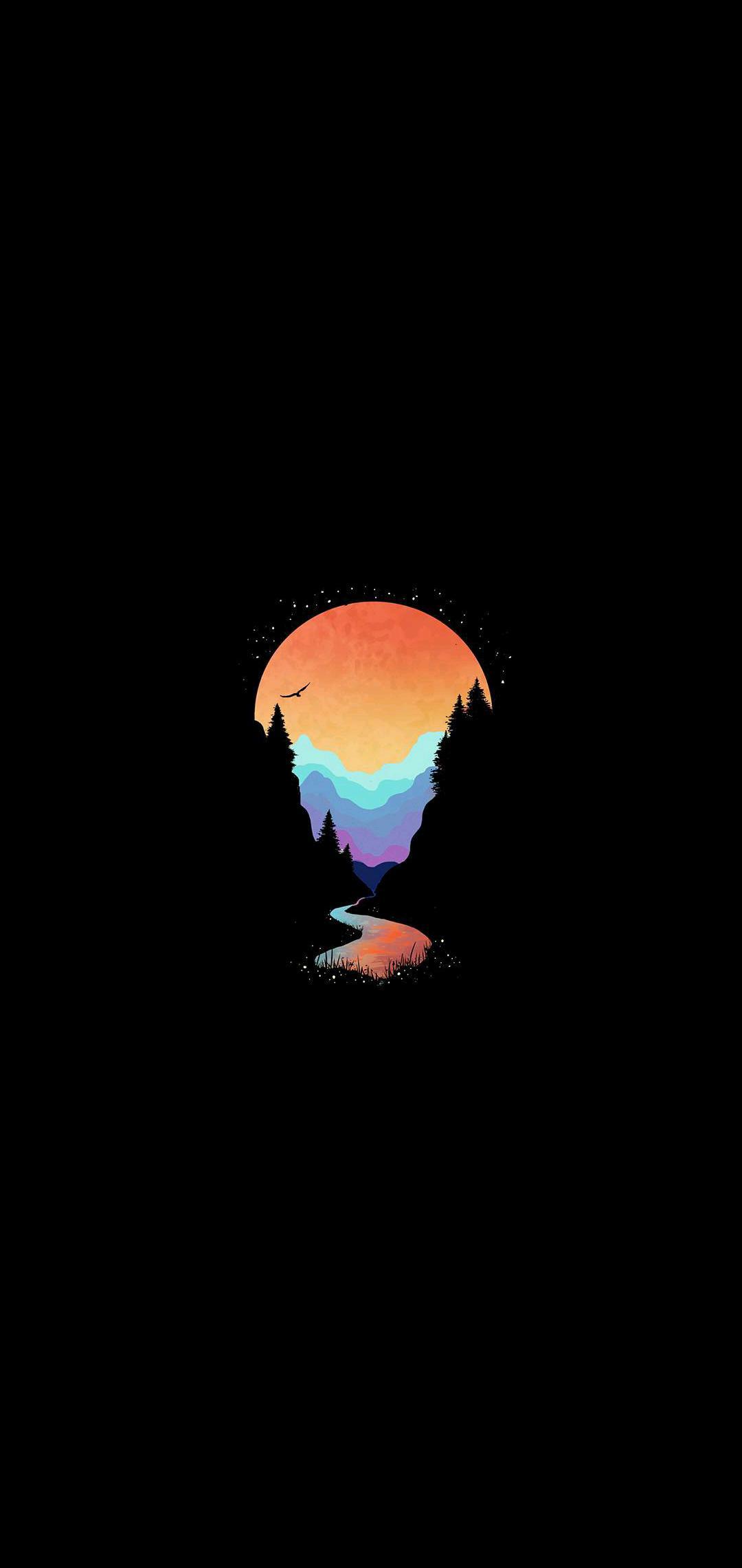 A minimalist AMOLED 4K wallpaper featuring a vibrant sunset over a silhouetted mountain range with a winding river flowing through. A lone bird soars in the colorful sky, reflected in the tranquil water below. Perfect for showcasing deep blacks and vibrant colors on AMOLED screens