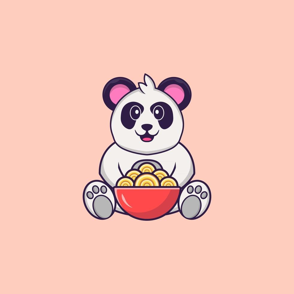 Cute Panda Eating Ramen Noodles Animal Cartoon Concept Isolated