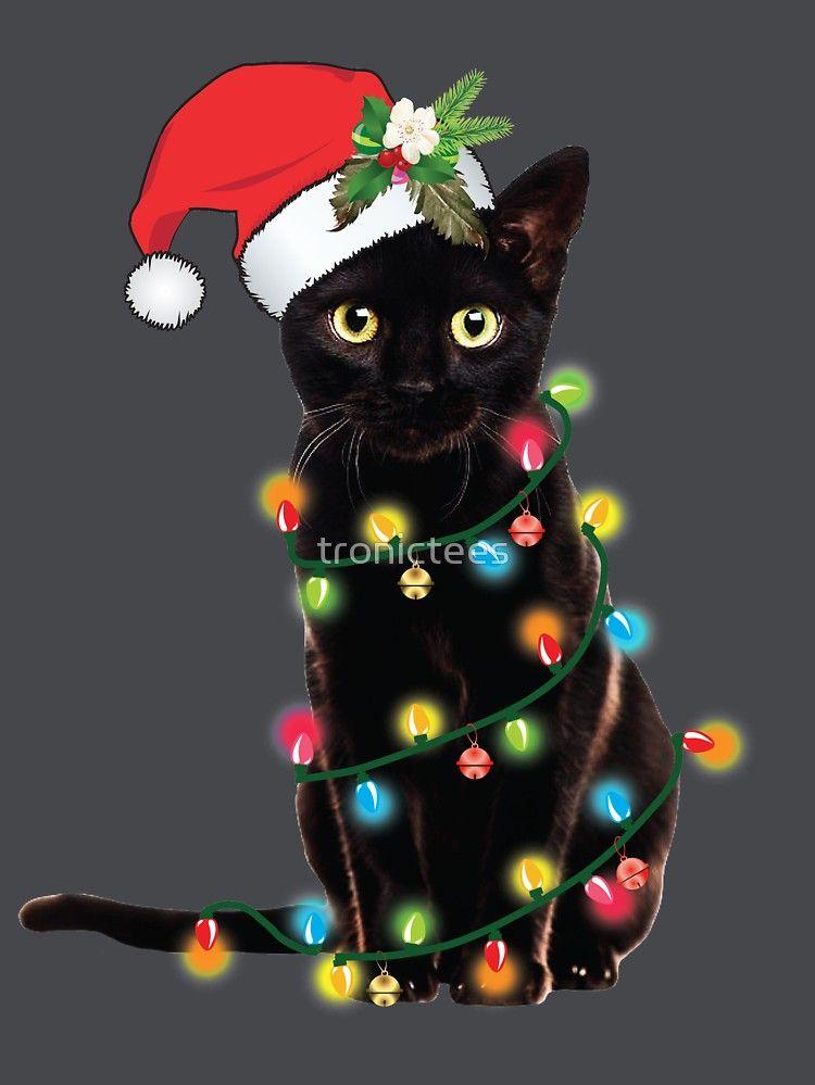 Black Santa Cat Tangled Up In Lights Christmas T Shirt