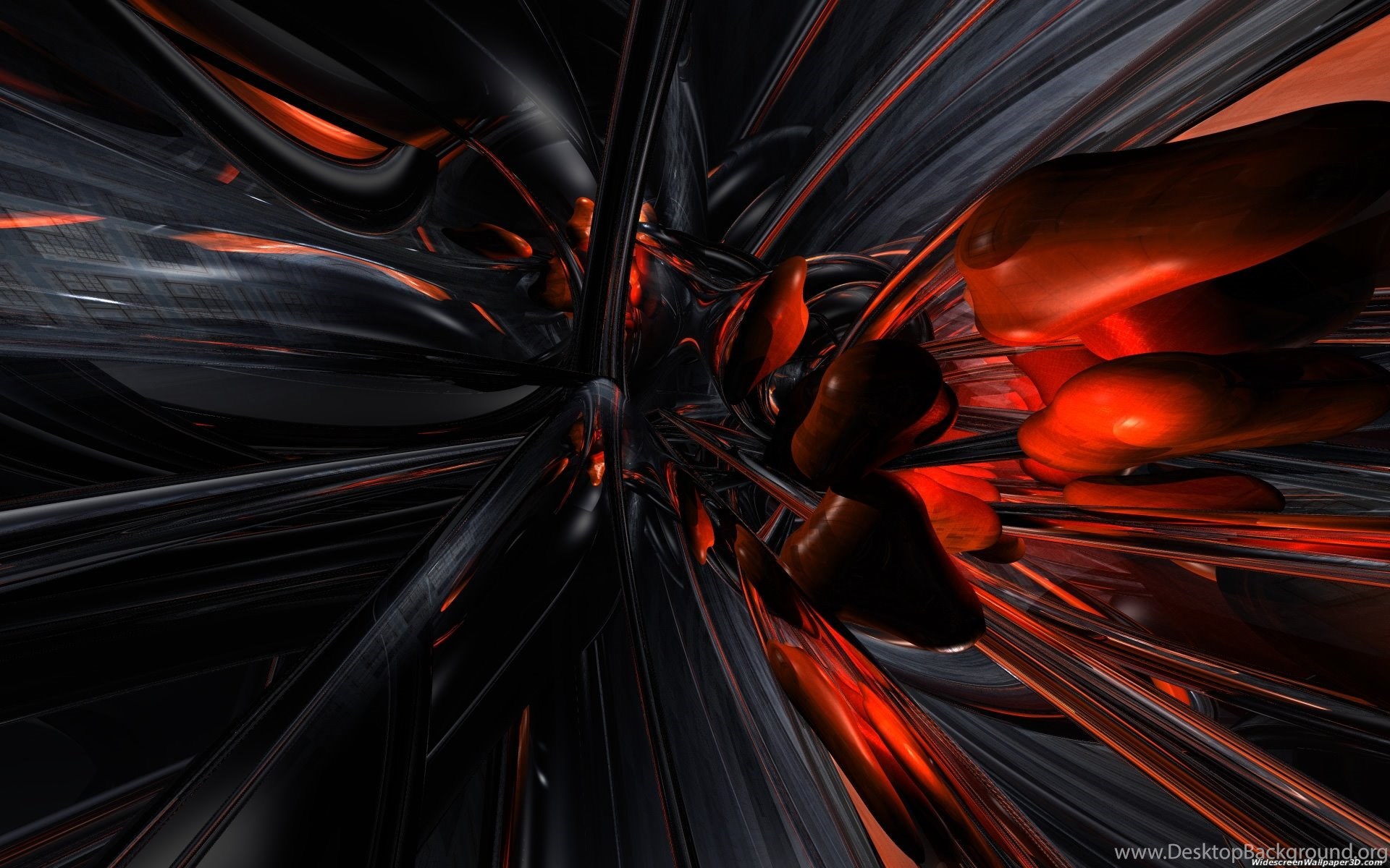 Abstract 3D rendering of black and orange shapes, evoking a sense of depth and movement