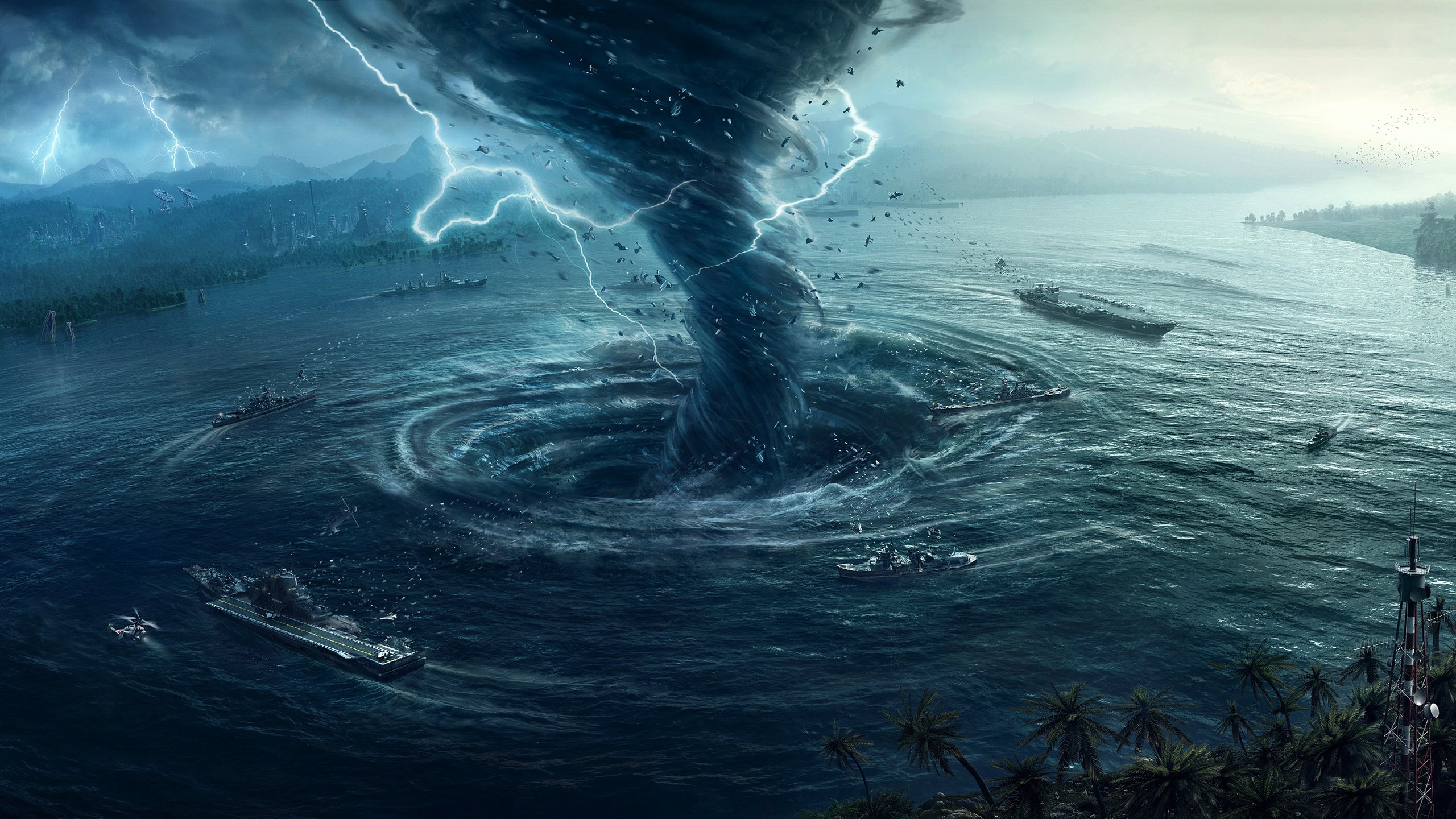 Ships Water Tornado Lightning 3d Graphics Wallpaper