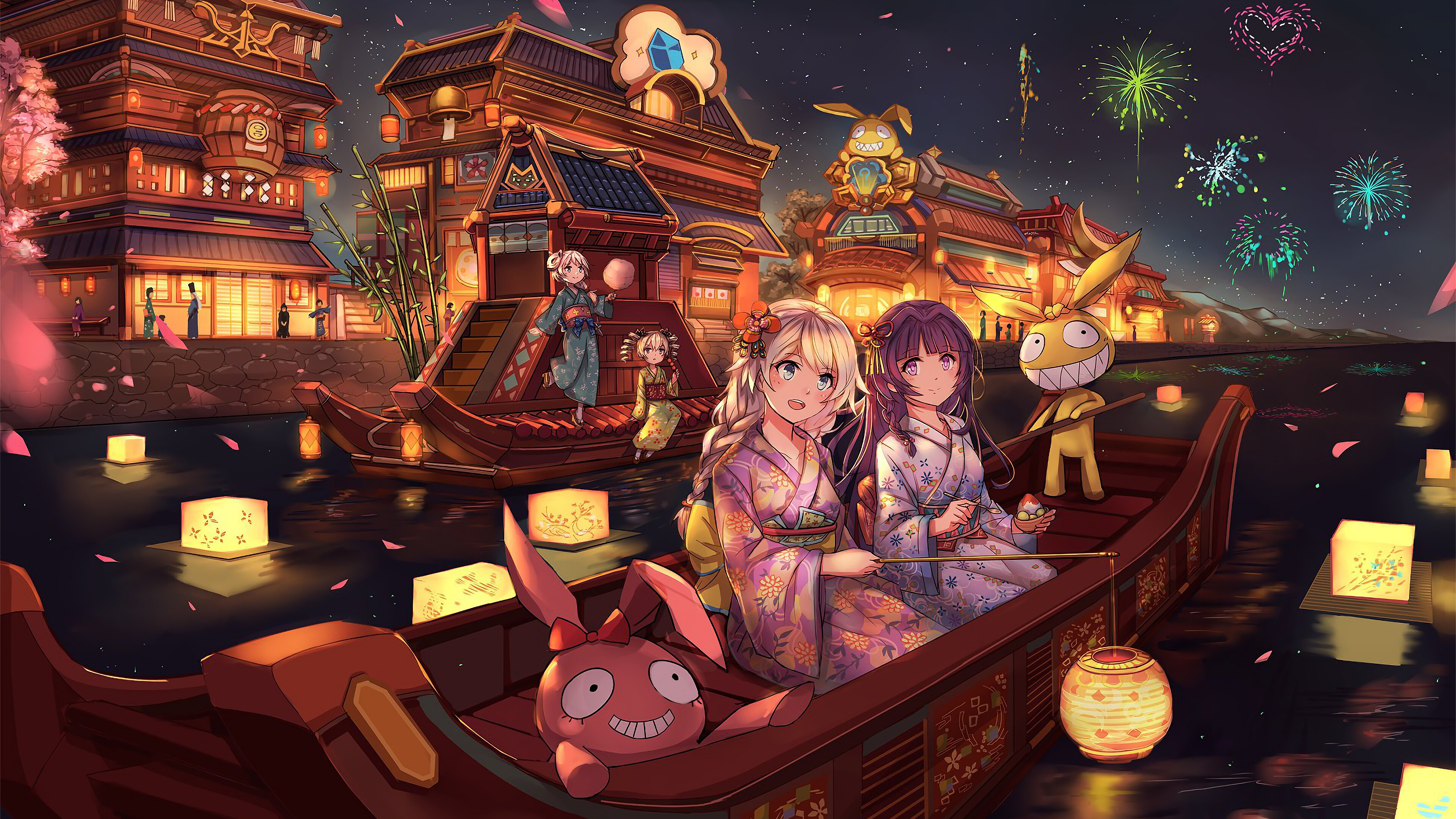 Anime Girls Kimono Festival Night Fireworks Honkai Impact 3rd 4k