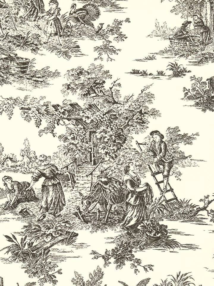 Wallpaper Classic French Country Life Toile Black On Off White