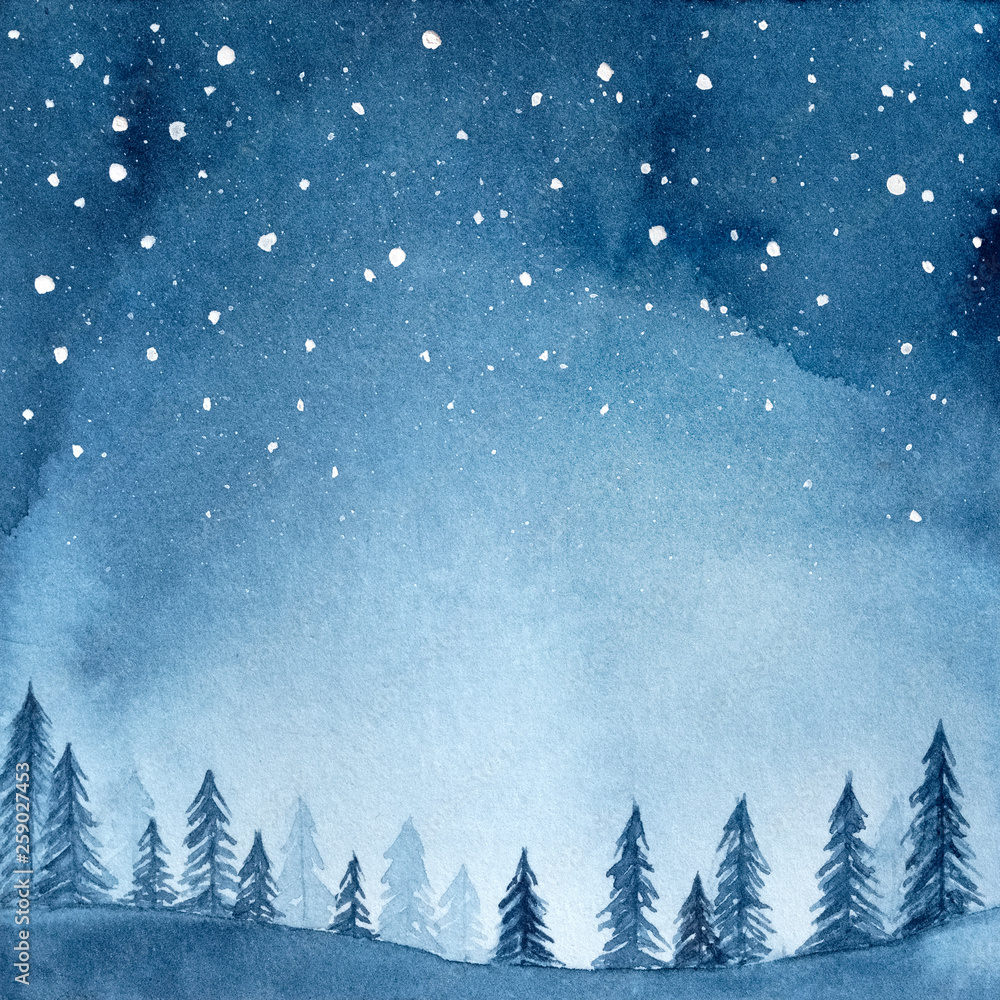 Watercolour Illustration Of Peaceful Spruce Forest Under Night Sky