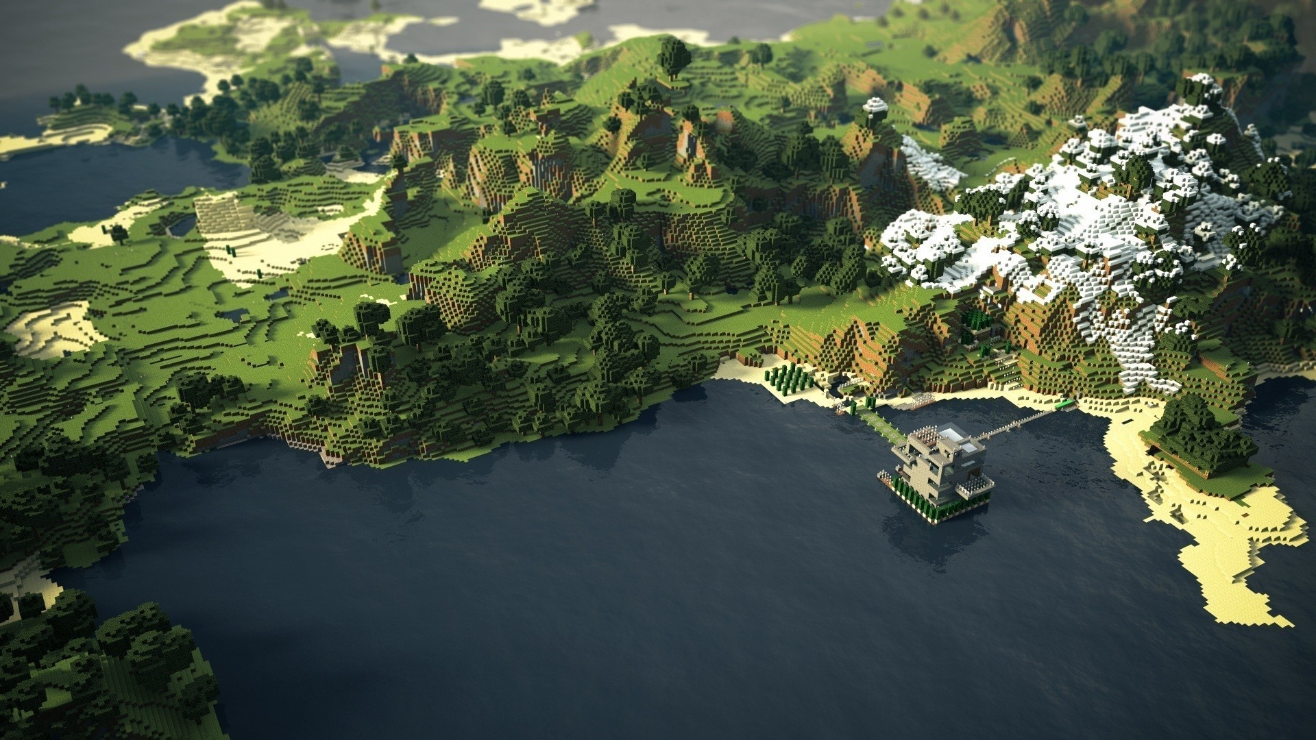 A scenic aerial view of a Minecraft world, featuring lush green landscapes, a snowy mountain range, and a house built on a pier extending into the ocean