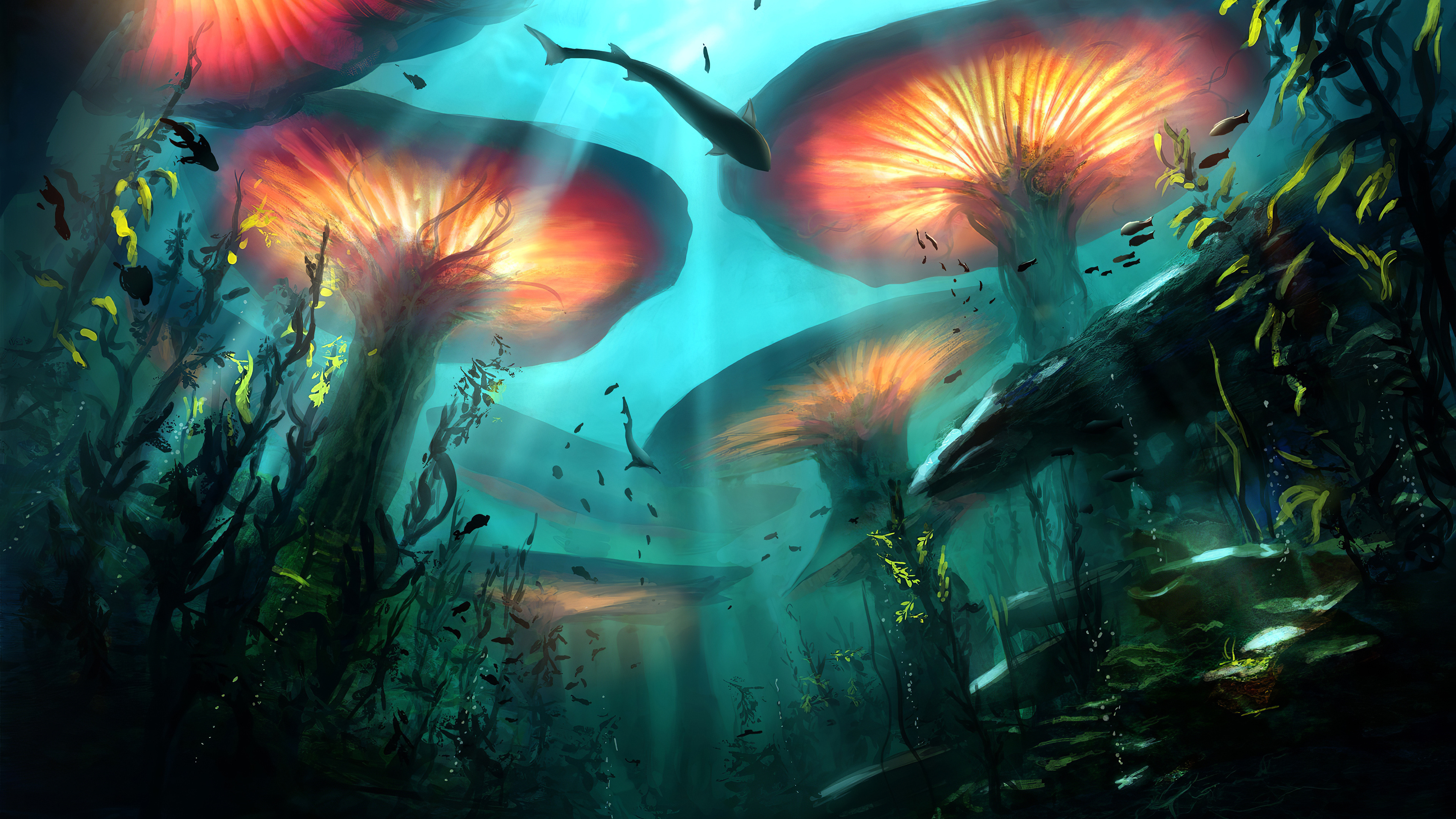 A vibrant 4k underwater wallpaper featuring luminous, giant mushroom-like plants with orange caps, surrounded by dark green seaweed and various fish species. Sunbeams pierce through the water, creating a magical, otherworldly scene