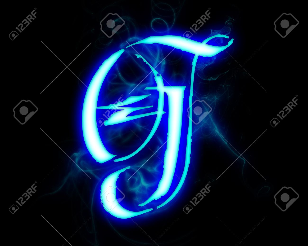 Blue Flame Magic Font Over Black Background Letter G Stock Photo