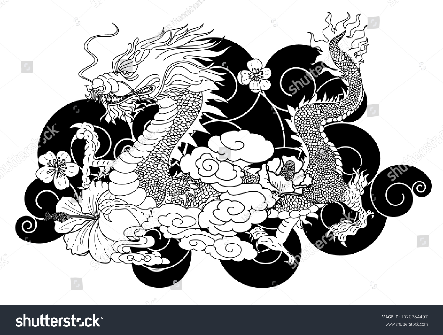 Black White Japanese Dragon Wallpaper Tattoochinese Stock Vector