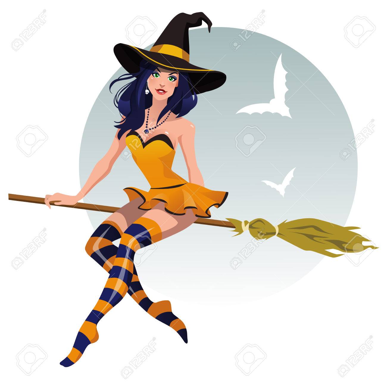 Sexy Halloween Witch With A Broomstick Royalty Cliparts