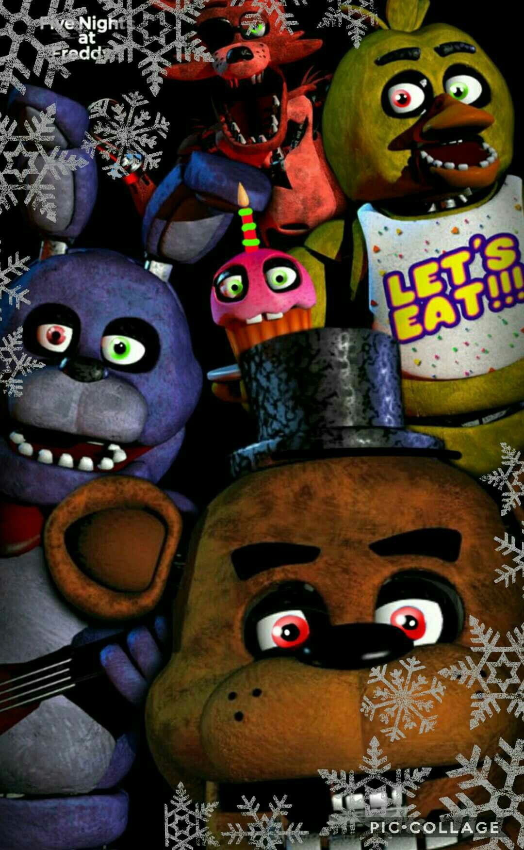 Five Nights at Freddy's Christmas wallpaper with Freddy Fazbear, Bonnie, Chica, Foxy and a cupcake