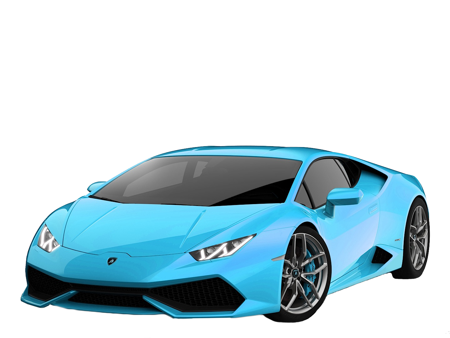 A vibrant, light blue Lamborghini Huracán sports car on a black background