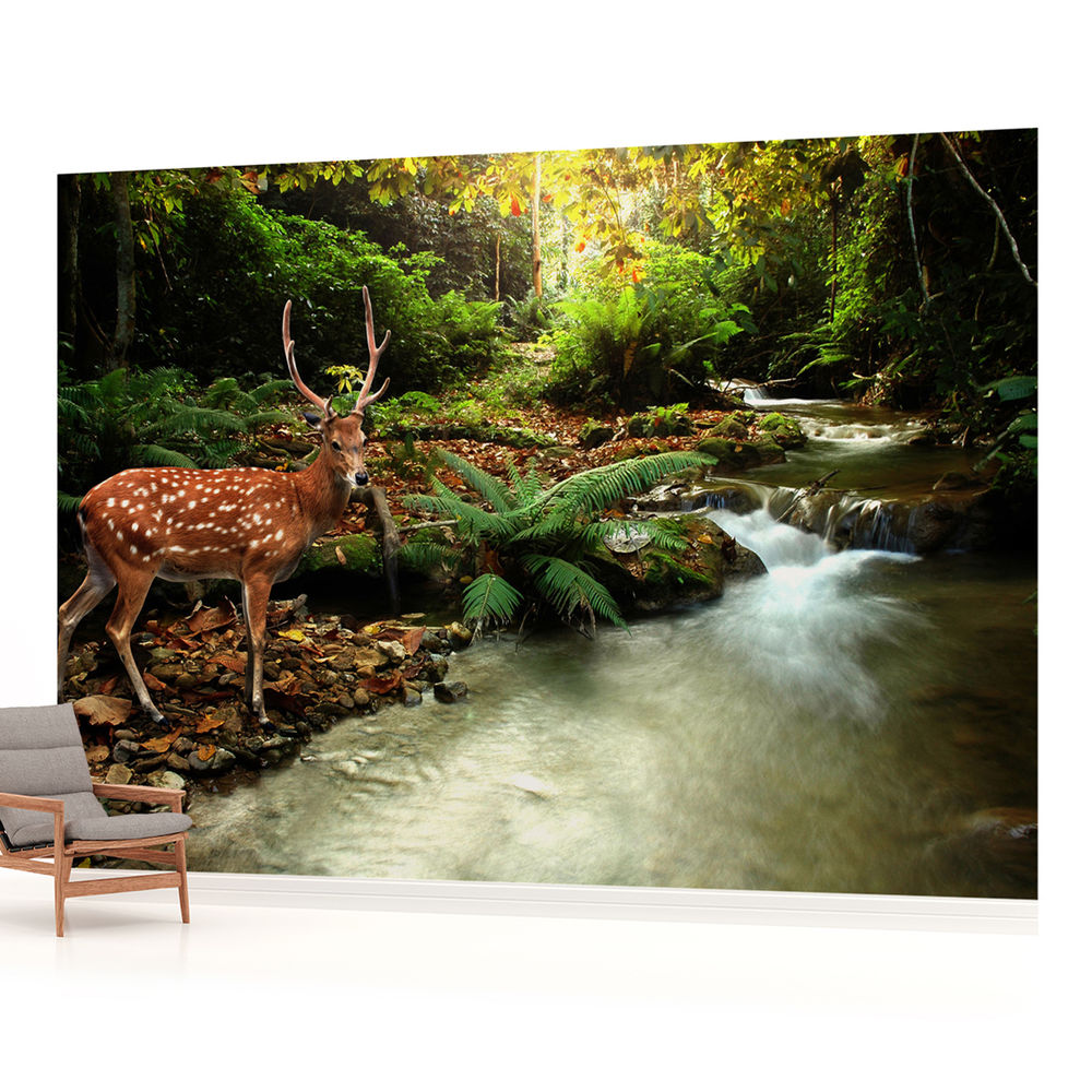 Deer By River In Forest Photo Wallpaper Wall Mural Cn 147p