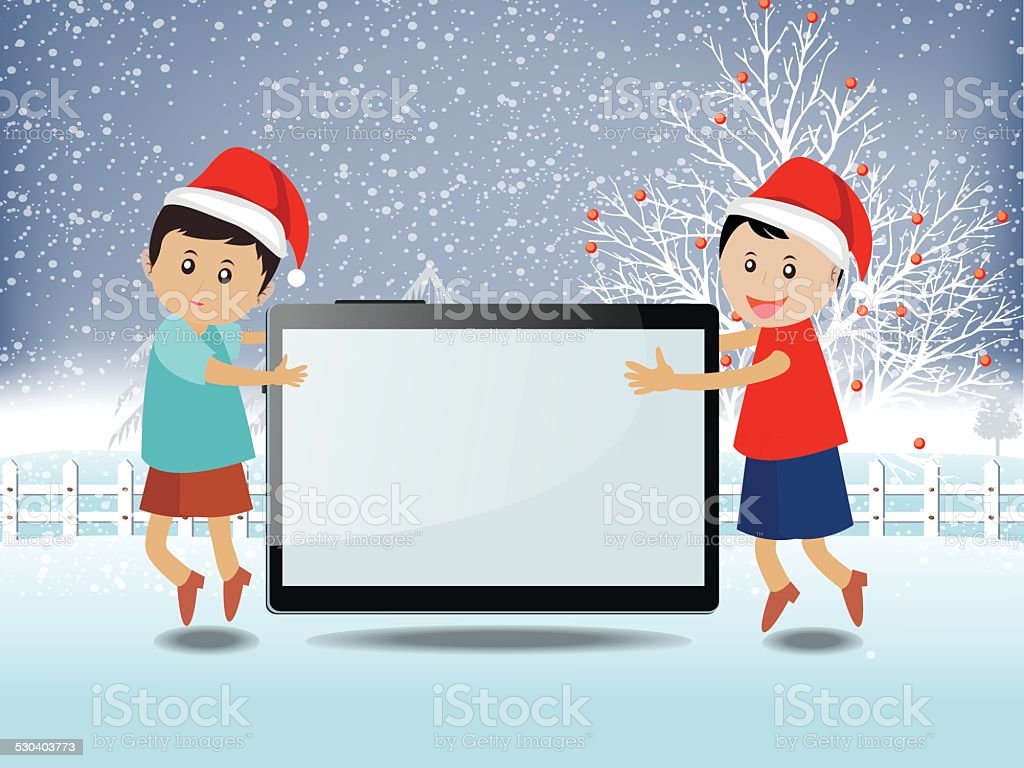 Merry Christmas With Happy Kids And Tablet Stock Illustration