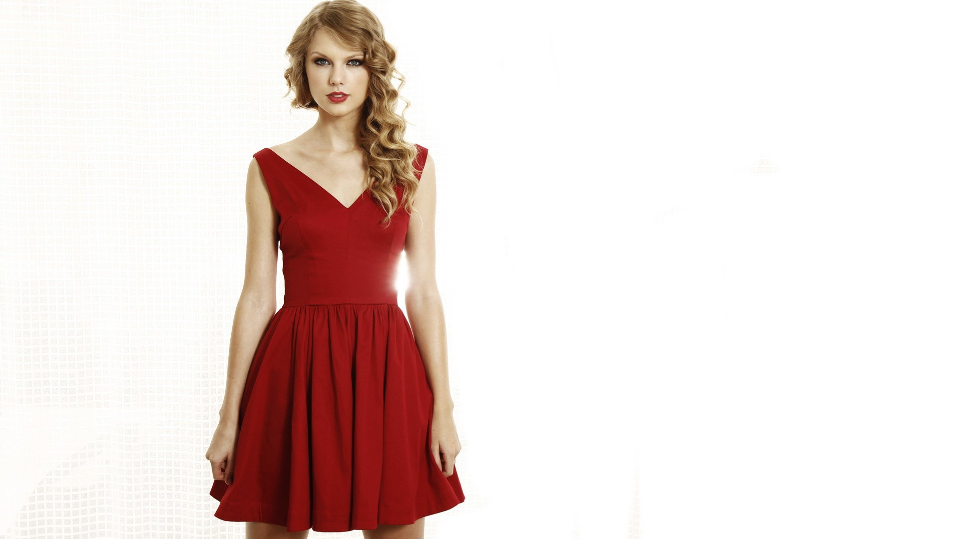 Blonde Singer White Background Red Dress