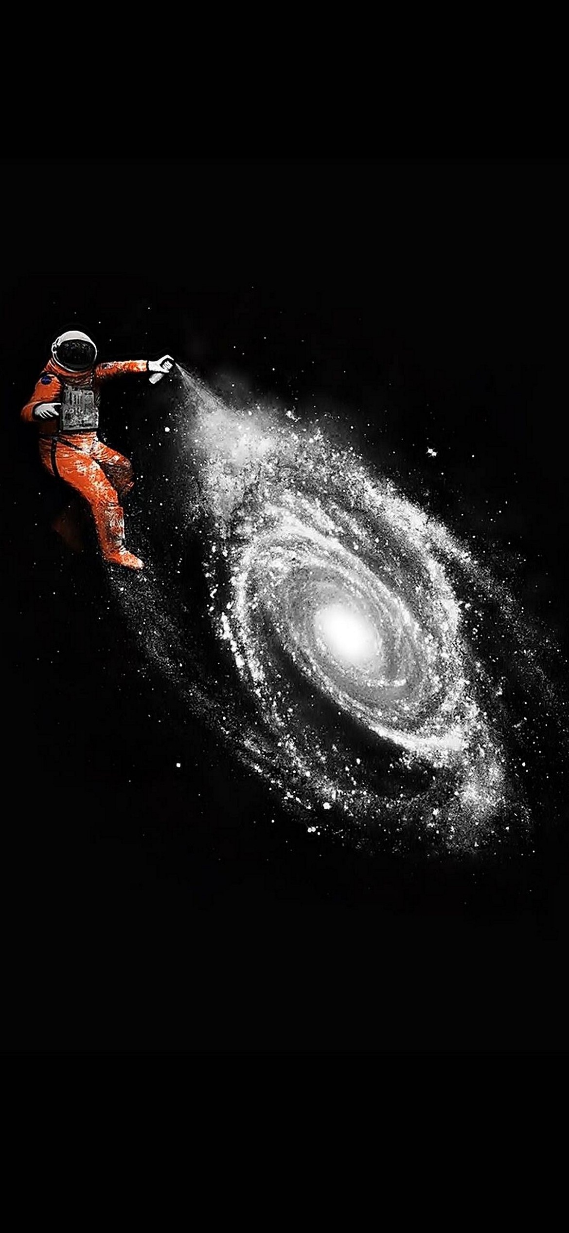An astronaut in an orange spacesuit spray-paints a white spiral galaxy onto the blackness of space. This imaginative artwork evokes a sense of wonder and creativity