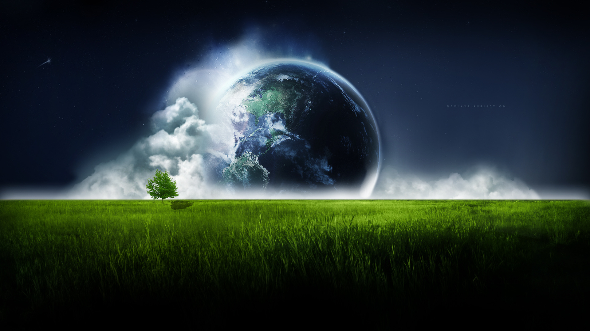 A surreal landscape with a large, Earth-like planet rising above a green field, a lone tree silhouetted against the night sky, and a shooting star