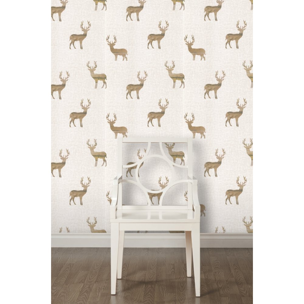 Wooden Stag Wallpaper Cream Beige Next Day Delivery Option