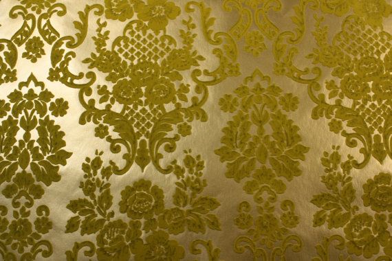 S Vintage Wallpaper Green Flocked Damask On Metallic Gold Backgr