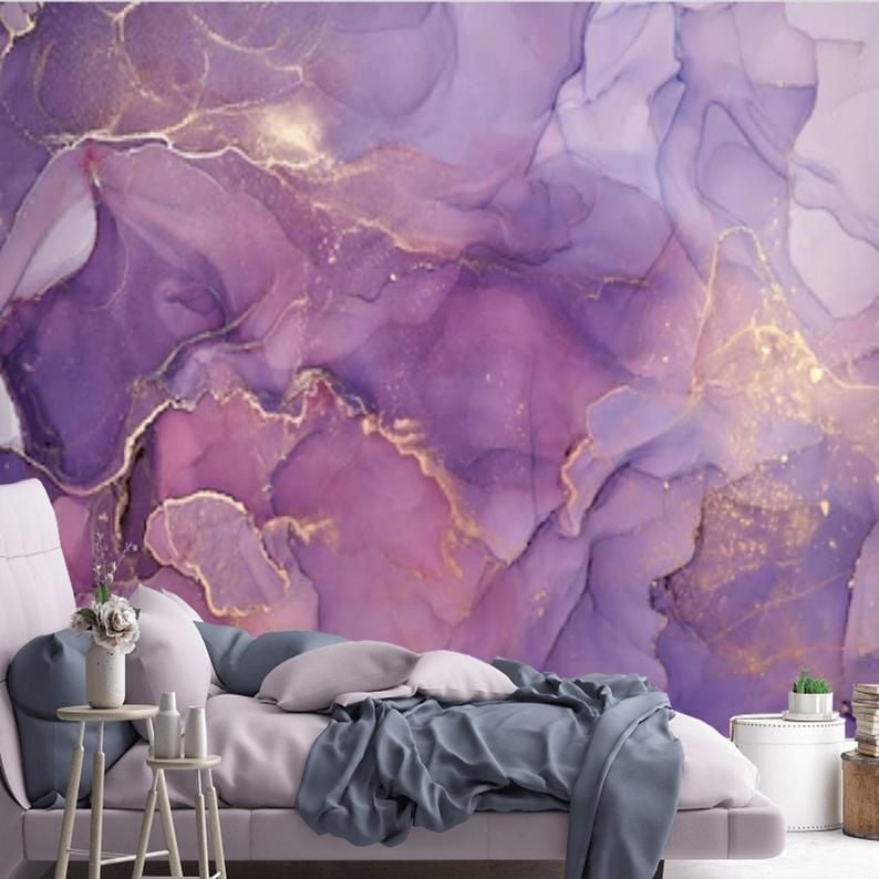 Peel and Stick Purple Gold Abstract Watercolor Wallpaper Mural