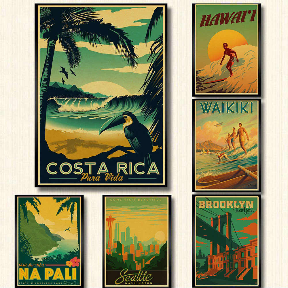 Usa City Vintage Poster Hawaii Napali Design Krafts Paper Retro