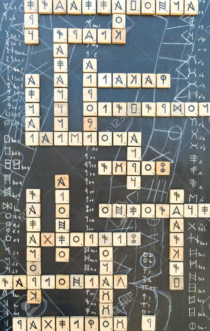 Hieroglyphes On Crossword Puzzle Against Abstract Background Stock