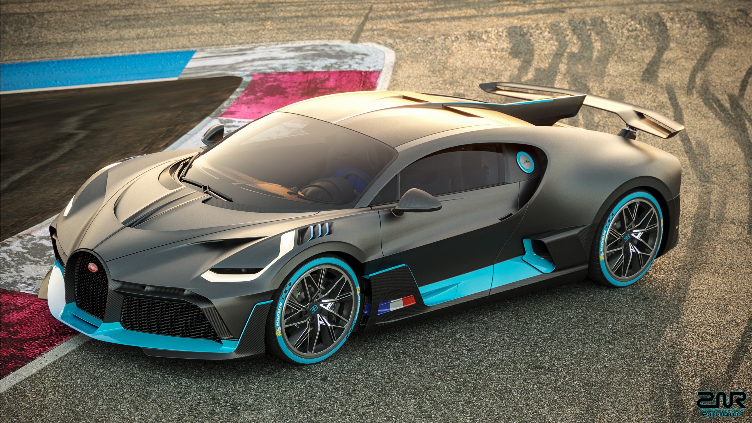A sleek, dark gray Bugatti Chiron with vibrant blue accents, parked on a race track. This image highlights the car's aerodynamic design and sporty features