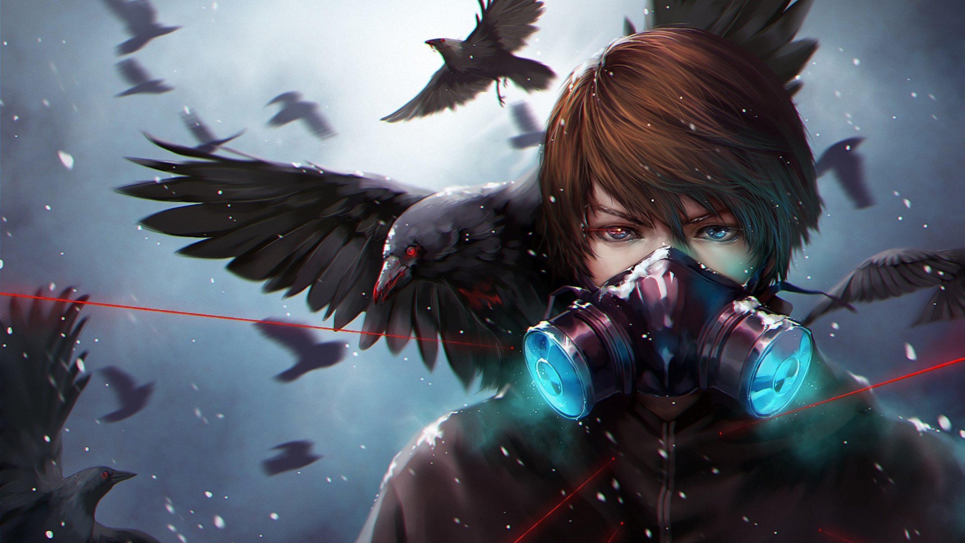 Anime boy with gas mask, crows, and red laser lines in a snowy scene