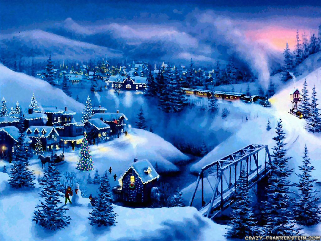 Winter Christmas Night Scenes Train Wallpaper