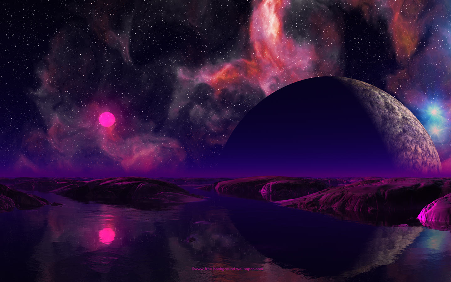 Space Background Of A Pink Sun Setting Over Water Covered Alien