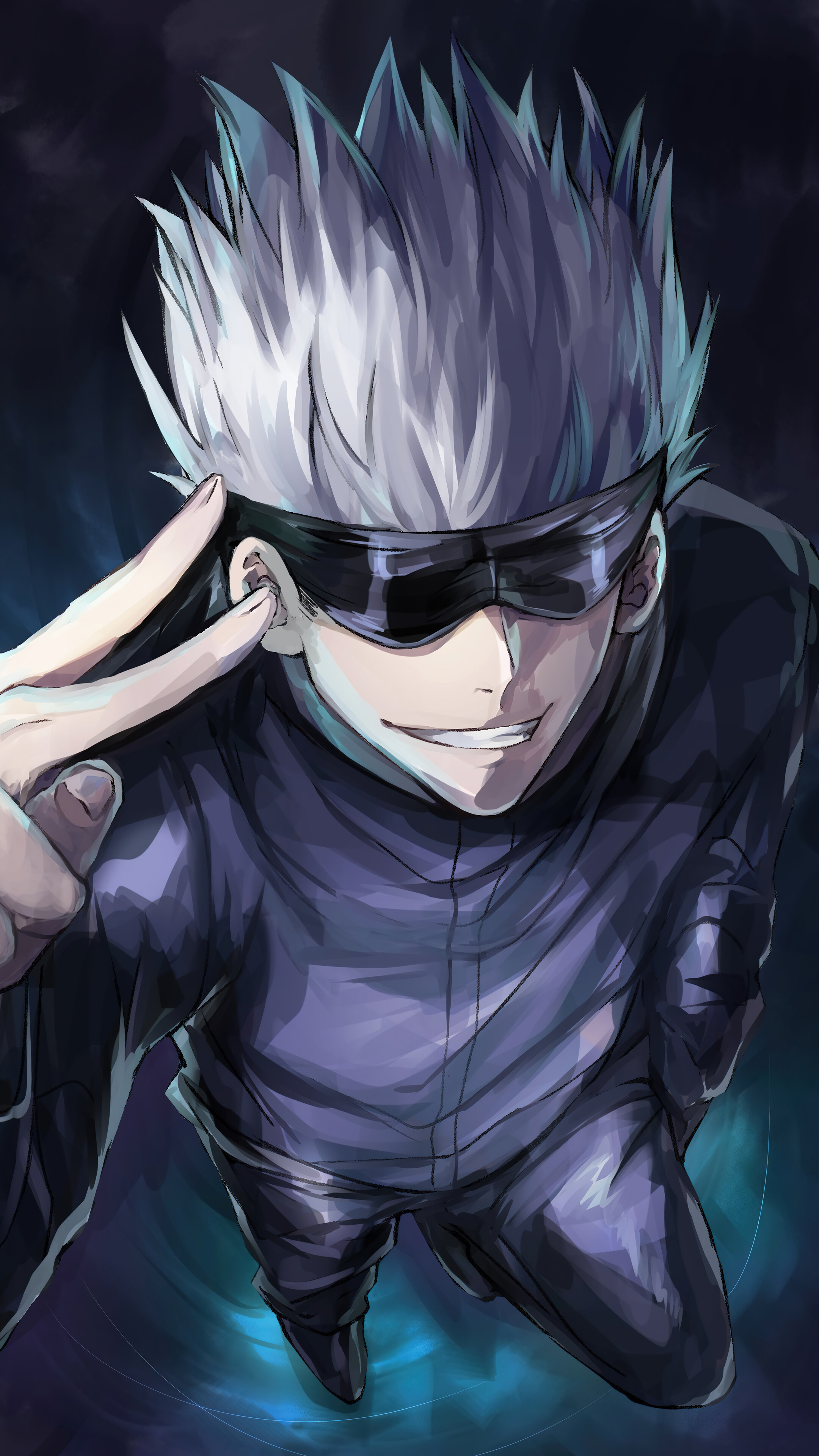 A dynamic fan art depiction of Gojo Satoru from Jujutsu Kaisen, striking a playful pose with a peace sign against a dark, swirling background