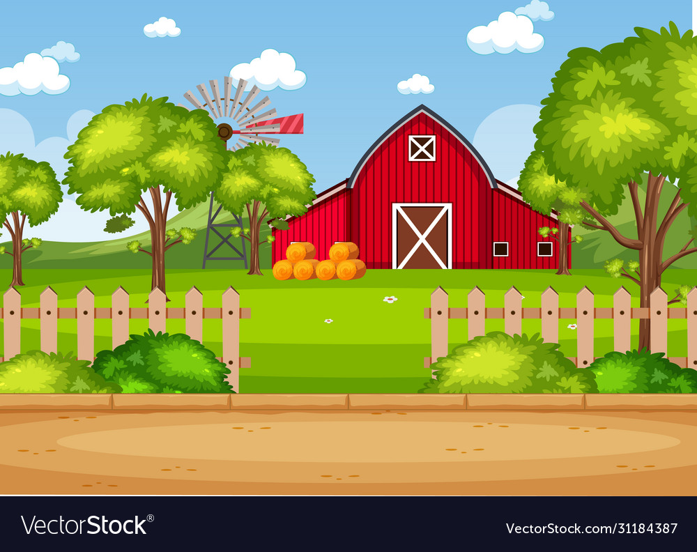 Background Scene With Red Barn On Farm Royalty Vector
