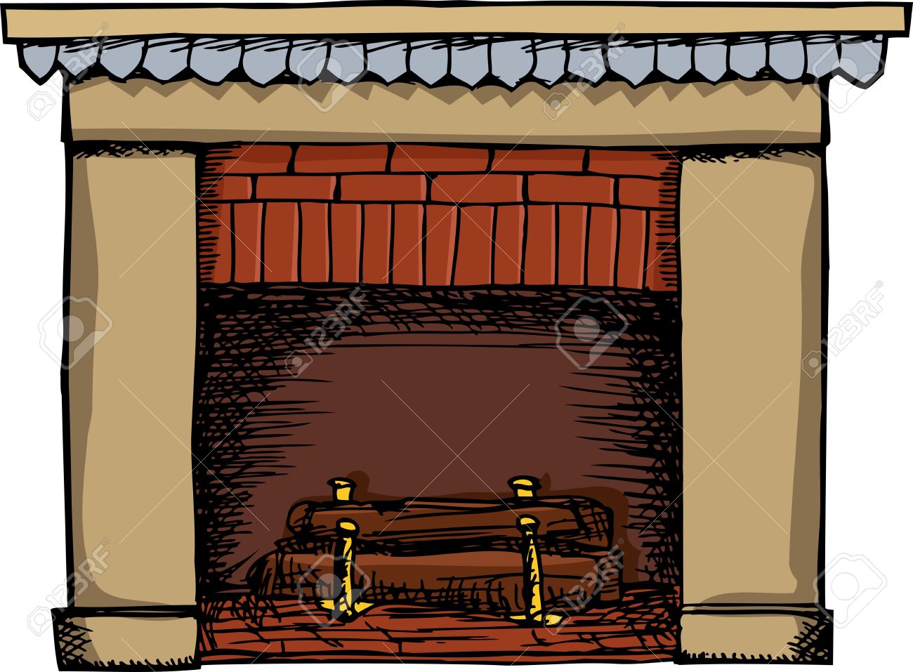 Unlit Fireplace With Logs Isolated Over White Background Royalty