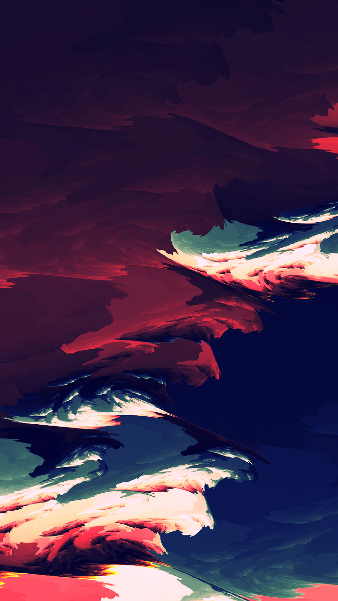 Abstract swirling design in shades of dark red, blue, white, and pink, resembling brushstrokes or a stylized landscape