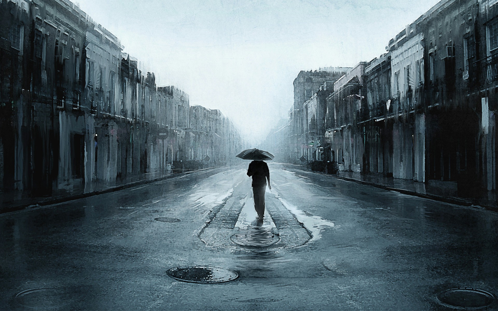Sad Man With Umbrella Walking In A Lonely Street Digital Art Artwork