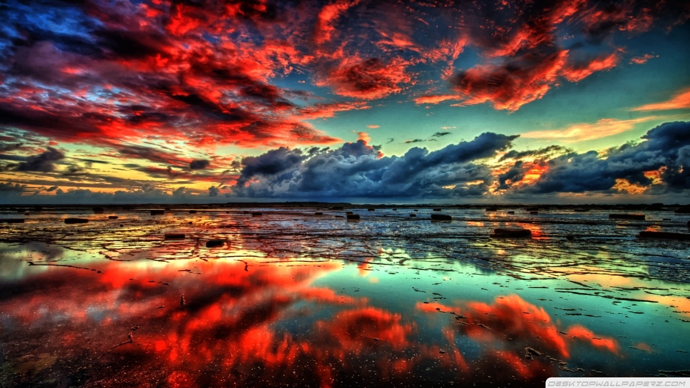 Water Landscapes Nature Sun Red Clouds Reflection Fantasy Art
