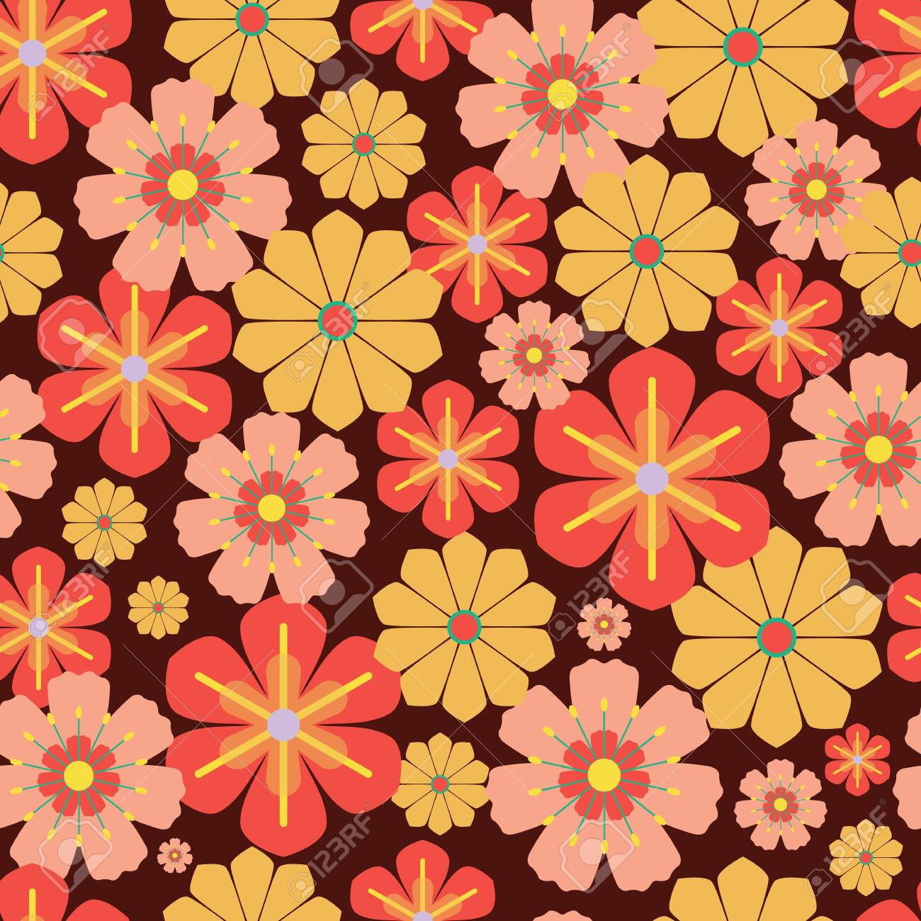 Vector 60s 70s Retro Vintage Flowers Seamless Pattern Background