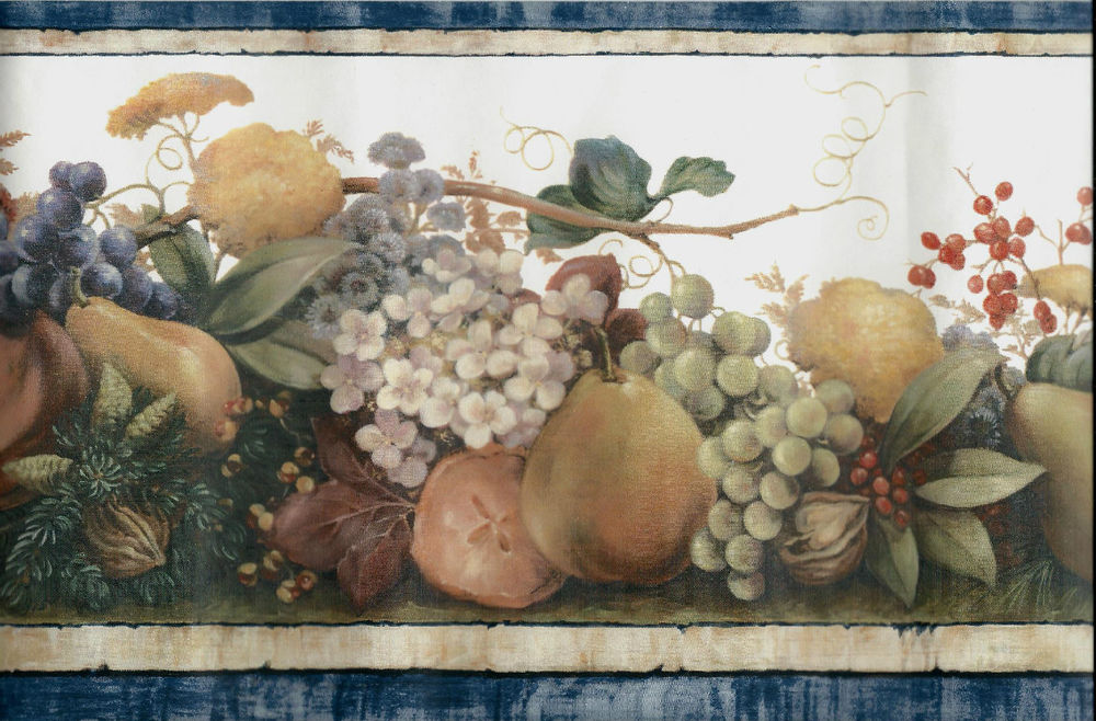 Country Fruit And Floral With Blue Trim Wallpaper Border