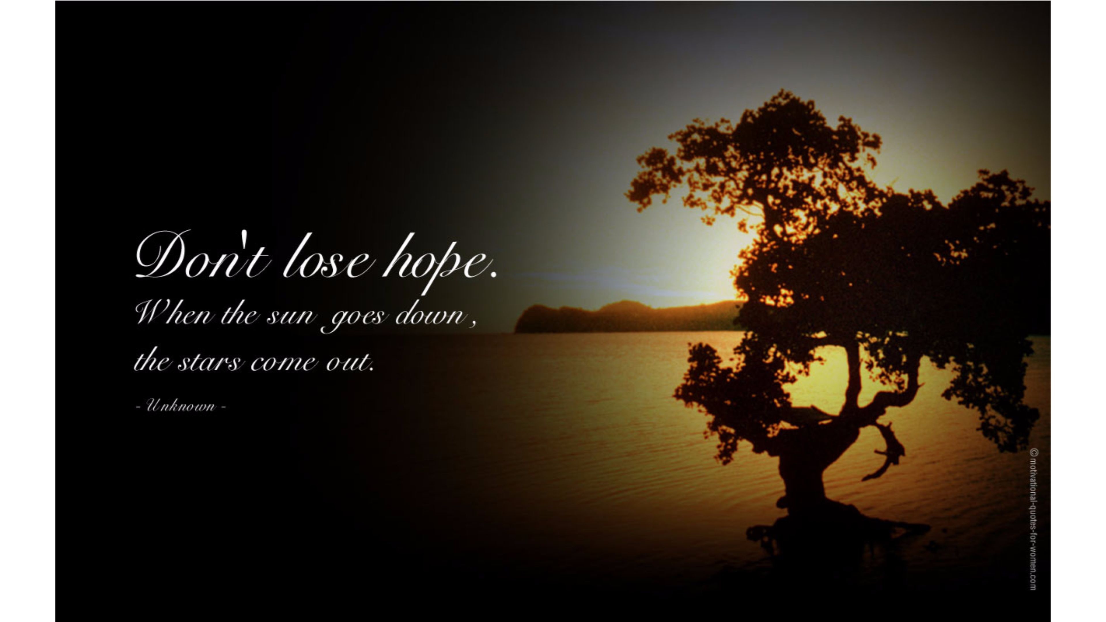 A silhouette of a tree against a sunset backdrop with an inspirational quote about hope