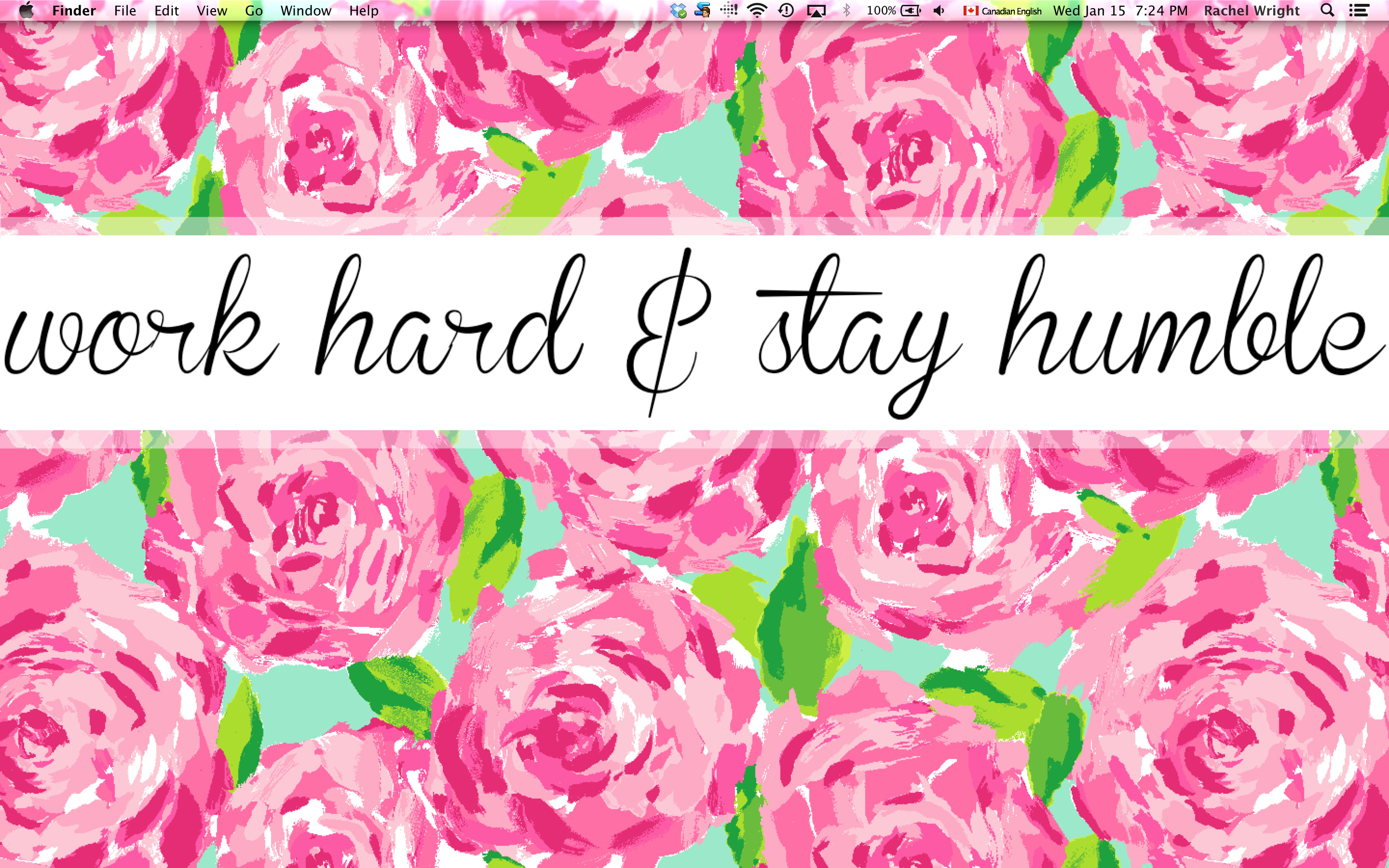 Cute laptop wallpaper with pink floral background and motivational quote 'Work Hard & Stay Humble'