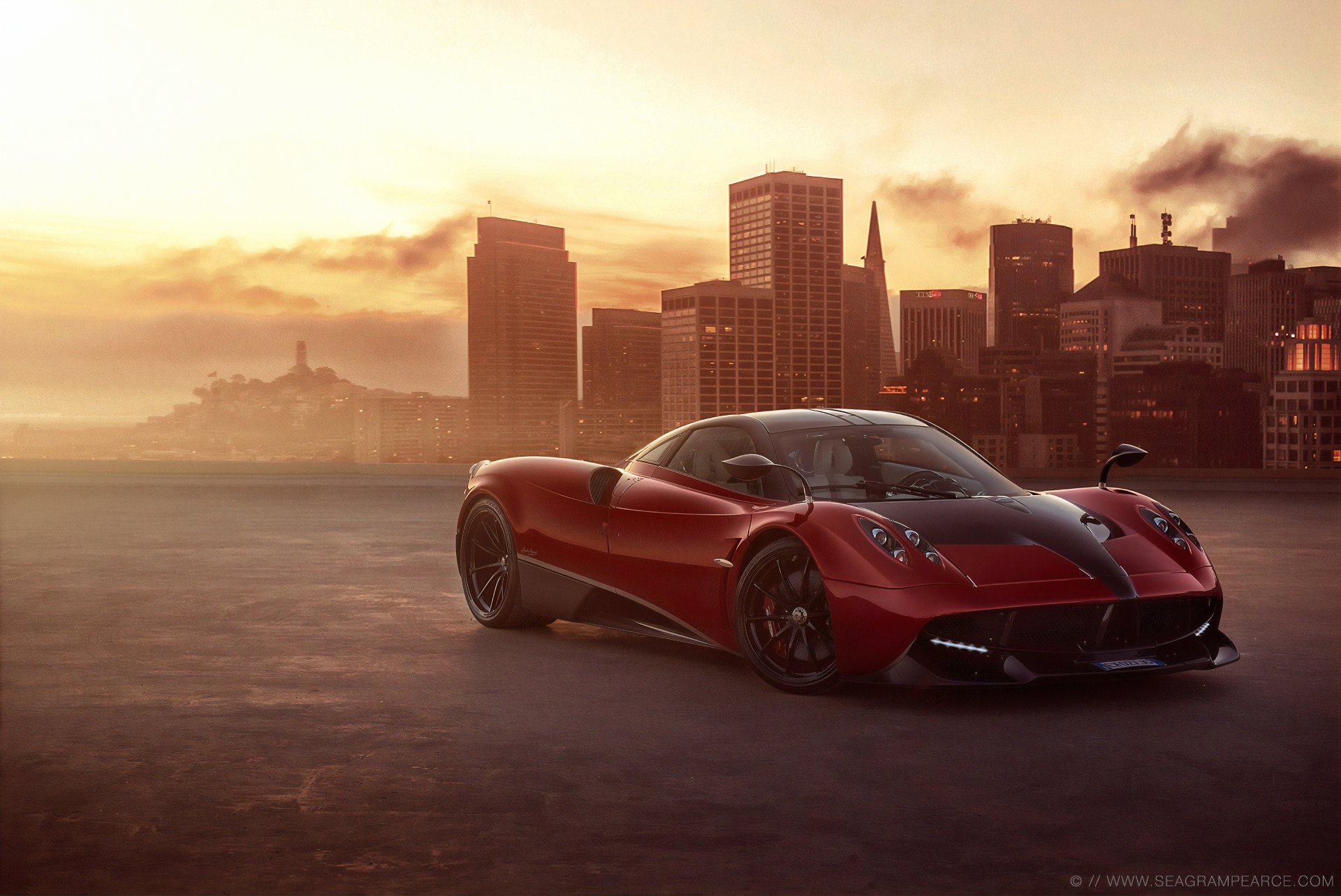 A red and black Pagani Huayra supercar parked against a backdrop of the San Francisco skyline at sunset